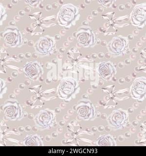 Nahtlose Aquarellmuster mit weißen Rosen, grünen Blättern in einer Pastellpalette im Vintage-Stil für Hochzeit, Geburtstag, Valentinstag, Frauentag, Stockfoto