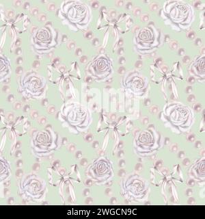 Nahtlose Aquarellmuster mit weißen Rosen, grünen Blättern in einer Pastellpalette im Vintage-Stil für Hochzeit, Geburtstag, Valentinstag, Frauentag, Stockfoto