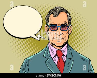 Vorstellungsgespräch für eine ernsthafte Kampagne. Diskussion über ein vorteilhaftes Angebot für Kunden. Ein erwachsener Mann in Anzug und Brille spricht in eine komische Blase. Stock Vektor
