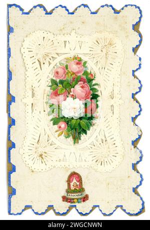 Originale viktorianische Valentinskarte mit Papierspitze, Botschaft ist Innocence und Blumen. Großbritannien um 1890 Stockfoto