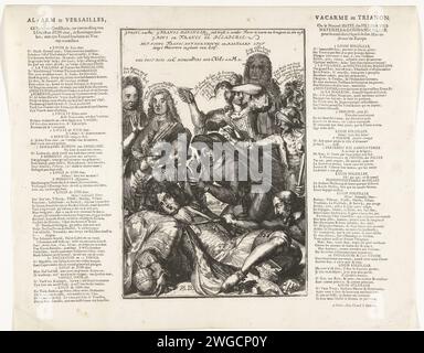 Ludwig XIV. Fällt krank, nachdem er harte spanische Noten gegessen hat, 1706, 1706 – 1707 Cartoon über den französischen König Ludwig XIV., der krank wird, nachdem er zu harte spanische Noten gegessen hat, 1706. Die Mätressen beugen sich über den König, Kinder weinen auf dem Rücken und Enkel des Königs. Auf beiden Seiten der Platte eine Strophe von 1 Spalte in Niederländisch und Französisch. Teil einer Serie von 19 Karikaturen über die Franzosen und Verbündeten aus dem Jahr 1706. Druckerei: Netherlandsprint Hersteller: Netherlandspublisher: Amsterdam Papierätzung / Buchdruck politische Karikaturen und Satiren. Patient, kranker Mensch Stockfoto