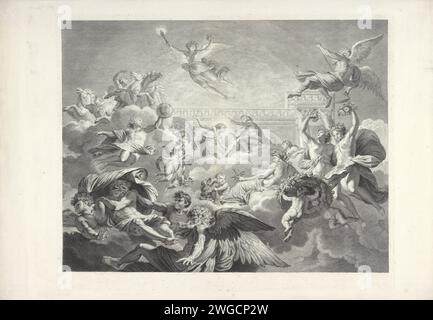 Phaëton in Apollo, Charles Dupuis, nach Bernard Picart, nach Eustache Lesueur, 1740 Druck Phaëthon fleht den Sonnengott Apollo an, einen Tag im Solarauto fahren zu dürfen. Apollo spreizt seine Hände über den Kopf seines Sohnes. Links halten die Männer die Pferde vor dem Solarauto. Aurora, die Göttin der Morgendämmerung, fliegt mitten in ihrer Fackel. Zur richtigen Vaterzeit mit seiner Sense, Ceres mit Korenaren und die Stunden mit Blumen in den Händen. Unten links die vier Winde. Zum Gemälde in der Chambre des Muses in der Hôtel Lambert. Print ist Teil einer Serie von Drucken zu den Gemälden in der Stockfoto