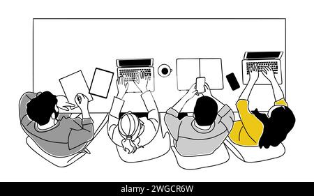 Ansicht „Teammitglieder arbeiten zusammen“ von oben. Stock Vektor