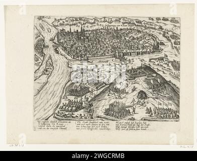 Belagerung Van Rouen, 1591, 1591 – 1593 Druck Belagerung von Rouen durch die Truppen des Königs, beginnend am 8. Oktober 1591. Blick auf die ummauerte Stadt und die belagerten Truppen um sie herum. Mit 12 Zeilen auf Deutsch. Nicht Nummeriert. Blatt von einem Album, das auseinandergenommen wurde. Kölner Papierätzer Sieg, Position war Rouen Stockfoto