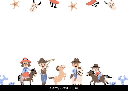 Cowboy-Kids-Party-Comic-Hintergrund mit Jungen und Mädchen. Vektordarstellung isoliert. Kann für Einladung, Grußkarte, Festgestaltung verwendet werden. Horizontales Banner mit Kindern und Pferden. Stock Vektor