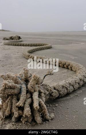 AUFZEICHNUNGSDATUM NICHT ANGEGEBEN Langeoog Detailaufnahme, Seil, Meer, Strand, Nordsee, Deutschland, Niedersachsen, Langeoog, 02.02.2024 ein langes Stueck Schiffs-Seil liegt am Ufer des Nordsestrand Detailaufnahme, Seil, Meer, Strand, Nordsee, Deutschland, Niedersachsen, Langeoog, *** Langeoog Close-up, Seil, Meer, Strand, Nordsee, Deutschland, Niedersachsen, Langeoog, 02 02 02 2024 Ein langes Stück Schiffsseil liegt am Ufer des Nordsestrandes Nahaufnahme, Seil, Meer, Strand, Nordsee, Deutschland, Niedersachsen, Langeoog, Copyright: xEibner-Pressefoto/JuergenxAugstx EP JAT Stockfoto