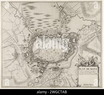 Belagerung von Mons, 1709, 1709 drucken Karte der Belagerung von Mons (Bergen) im Hennegau durch die Alliierten unter dem Prinzen von Orange vom 25. September 1709. Unten rechts eine Kartusche mit dem Titel, verziert mit Waffen und Bannern. Druckerei: Nordniederländische Spublisher: Die Haager Papierätzung Belagerung, Positionskrieg. Stadtpläne Bergen (Belgien) Stockfoto