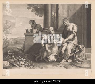 Heilige Familie mit Elisabet und Johannes de Boper, Francois de Poilly (I), nach Jacques Stella, 1632–1693 Druck Frankreich Papierstich / Radierung Heilige Familie, und abgeleitete Darstellungen Stockfoto