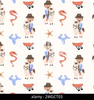 Kindliches Cowboy-Muster mit Jungen und Pferd, Schlange, Sheriff-Star. Vektorillustration westlicher Elemente mit Jungen und Pferd. Comic Boy und Tierfiguren Hintergrund für Cowboyparty, Tapete, Poster Stock Vektor