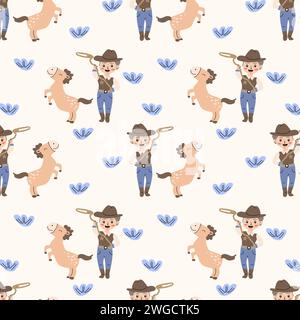 Kleiner Cowboy mit Lasso und Pferd - westliches Cowboy-Partymuster. Vektor-Illustration kann für Baby-Hintergrund für Party, Poster, Hintergrundbilder verwendet werden. Stock Vektor