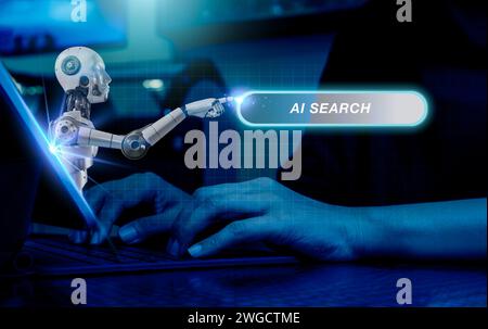 KI-Suchtechnologiekonzept. Roboter springt aus dem Computer heraus screenม und zeigt auf die Suchmaschinenleiste, Optimierung der Datensuche durch künstliche Intelligenz Stockfoto