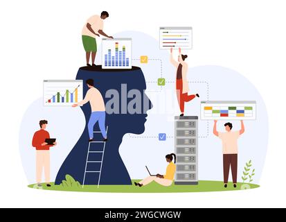 Datenverwaltung im Konto mit KI, Online-Filter. Winzige Leute prüfen Informationsberichte in Diagrammen und Diagrammen für Datenbankanalysen, Steuerschieber von Einstellungen und Schaltflächen Cartoon Vektor Illustration Stock Vektor