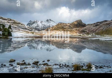 Die Langdale Pikes und Side Pike spiegeln sich in einem gefrorenen Blea Tarn Stockfoto