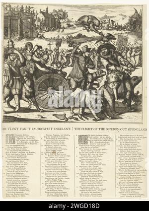 Die Flucht des Papsttums aus England, 1689, 1689 die Flucht des Papsttums aus England, 1689. Cartoon über Jacobus II., Ludwig XIV. Und den Dauphin. Der englische König Jacobus II. Flieht mit seiner Frau Maria von Modena und dem armen Kind, das von einem Hund auf einem Auto gezogen und von Pater Peters (Edward Petre) gefahren wird. Rechts auf einem Bären Lodewijk XIV. (Harlekijn), der das Schwert gegen den niederländischen Löwen ziehen will. Links der Dauphin auf einem Wolf. Unter der Show 2 Strophen mit jeweils 2 Spalten mit einer Aussage der Zahlen 1-17 in Niederländisch und in Englisch. Nordholland Papierätzung / Buchdruck politisch Stockfoto