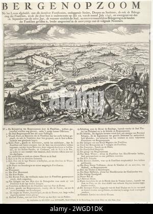 Belagerung von Bergen op Zoom, 1747, 1747 drucken die Belagerung und Bombardierung der Stadt Bergen op Zoom durch die französische Armee unter Löwenthal. Im Vordergrund Opfer unter den französischen Belagern. Die Stadt wurde ab dem 12. Juli belagert und schließlich erobert, als sie diesen Zustand der Druckschrift machte. Auf dem Blatt unter der Platte die Legende 1-37. Druckerei: Nord-Niederlande: Amsterdam Papierätzung / Buchdruck Sieg, Position war Bergen op Zoom Stockfoto