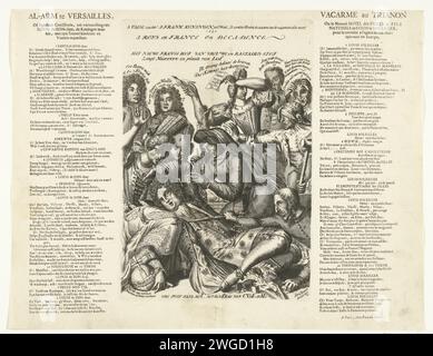 Ludwig XIV. Wird krank, nachdem er harte spanische Noten gegessen hat, 1706, 1706 gedruckt Cartoon über den französischen König Ludwig XIV., der krank wird, nachdem er zu harte spanische Noten gegessen hat, 1706. Die Mätressen beugen sich über den König. Auf beiden Seiten der Platte Text in 2 Spalten in Niederländisch und Französisch. Cartoon zur Situation im Jahr 1706 im Spanischen Erbfolgekrieg. Teil einer Serie von 25 Karikaturen über die Franzosen und Verbündeten aus dem Jahr 1706. Druckerei: Northern Netherlandspublisher: Amsterdam Papierätzung / Buchdruck politische Karikaturen und Satiren Stockfoto