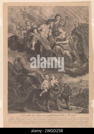 Lyon geht an die Königin, Gaspard Ducange, nach Peter Paul Rubens, nach Jean-Baptiste Nattier, 1672–1757 Druck Stadsmandag van Lyon im Triumphwagen, gezogen von zwei Löwen. Im Himmel Jupiter und Juno. Allegorie bei der Begegnung von Marie de 'Medici mit Hendrik IV. In Lyon 1608. Loser Druck auf der Rückseite des Albums. Dieser Ausdruck ist Teil eines Albums. Druckerei: Franzepublisher: Paris Papierätzung / Gravur Personifikation einer Stadt, Stadtpatron(ess). (Geschichte) Juno (Hera). (Geschichte) Jupiter (Zeus) Lyon Stockfoto