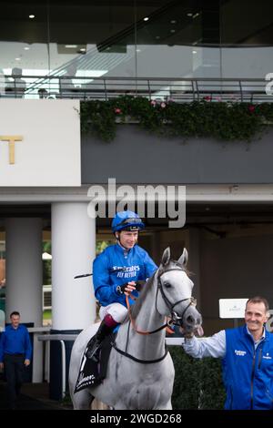 Ascot, Großbritannien. September 2024. Hors2, von Jockey geritten, geht auf die Rennstrecke auf der Ascot Racecourse, um das Palmer & Co Champagne Handicap beim Freitag-Rennen-Meeting im September zu erleben. Stangen Harnstoff McLean/Alamy Stockfoto