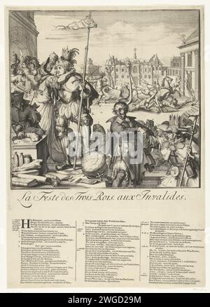 Cartoon on the flight of Jacobus II. To Franrkijk, 1689, 1689 print Cartoon on the flight of Jacobus II. To France and his arrival on Epiphany (6. Januar 1689). König Ludwig XIV. Umarmt Maria van Modena, die mit dem armen Kind angekommen ist. Vor rechts König Jakobus II. In Kleidung mit Jacobsschelpen verziert. In der Mitte der Jesuitenvater Peters (Edward Petre) mit einer päpstlichen Krone unter seinem Mantel. Im Hintergrund fällt der Dauphin von einem von Pferden gezogenen Schlitten. Unter der Abbildung ist ein Vers in 3 Spalten mit einer Aussage der Zahlen 1-11 in Niederländisch gezeigt. Nördliche Niederlande Papierätzung / Lette Stockfoto
