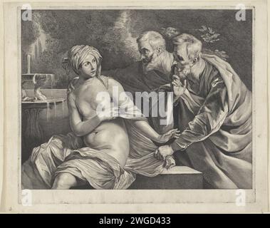 Susanna und die Ältesten Cornelis Visscher (II), nach Guido Reni, 1638–1658 Druck Susanna wird während ihres Bades von zwei Ältesten angegriffen. Sie sitzt mit einem Brunnen, während einer der Männer ihre Schulter berührt und der andere ihren Teppich greift und eine Geste macht, um sie zum Schweigen zu bringen. Haarlem Papier, das die Geschichte von Susanna und den Ältesten graviert (in der Daniel im Auftrag von Susanna eingreift) (Daniel 13) Stockfoto