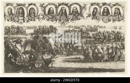 Die beiden Seeschlachten auf Schoonevelt, 1673, 1673, drucken die beiden Seeschlachten vor der Küste Zeelands auf der Ebene von Schoonevelt am 7. Und 14. Juni 1673. Die Streiks zwischen der Flotte der Republik unter de Ruyter und der englischen und französischen Flotte unter Prinz Rupert und Graaf Jean d’Estrées. In den Top neun Medaillons mit Porträts des französischen Königs Ludwig XIV., des Dauphin und Admiraal d’Estrées, des niederländischen Prinzen Willem und Admiralen de Ruyter und Tromp sowie des englischen Königs Karl II. Und Admirals Herzog von York (des späteren Königs Jacobus II.) und des Prinzen Ruprecht. Nördliche Niederlande Papierätzung Stockfoto