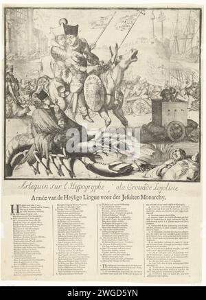 Cartoon on the Joint fight of Lodewijk XIV and Jacobus II, 1689, 1689 Print Cartoon on the Joint fight of the Holy League of Louis XIV and Jacobus II, 1689. Ludwig XIV. (Harlekijn) und Jacobus II. (Pamirge) saßen unter einem Hut auf einem Eselkampf gegen die Protestanten. Im Vordergrund Pater Peters (Edward Petre) mit dem armen Kind auf einem Hummer, rechts der Dauphin in einer Kiste auf der Rückseite eines Weges. Vorne rechts fiel der Bischof von Straßburg von seiner Schildkröte. Ihr törischer Kampf wird als Jesuitischer Kreuzzug dargestellt. Rechts im Hintergrund ist das Schiff Reynuyt (Rijn From) reas Stockfoto
