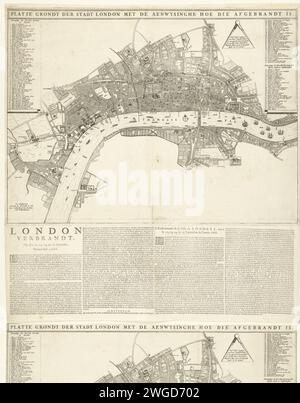 Karte von London nach dem großen Brand von 1666, 1666 drucken Karte von London, auf der der Teil der Stadt angegeben ist, der während des Großbrandes vom 12-15. September 1666 zerstört wurde. Links und rechts de Legenda 1-130, unter einem Textblatt mit 2 Spalten auf Niederländisch und 2 Spalten auf Französisch. Druckerei: Northern Netherlandspublisher: Amsterdam Papierätzung / Buchdruck Karten von Städten London Stockfoto