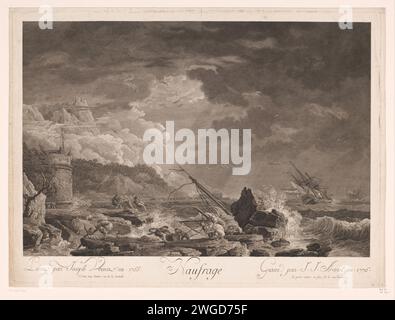 Meereslandschaft mit Schiffbruch, Jean Jacques Avril (I), nach Claude Joseph Vernet, 1755 - 1775 Druck Frankreich Papier Gravieren Schiffbruch. Sturm auf See. Landschaft mit Turm oder Schloss Stockfoto