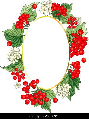 Viburnum rowan rote ovale Beere Vektor-Rahmen rustikale Blumenstrauß Illustration. Hochzeitsgrußdesign, frische Wald- und Gartenernte. Stock Vektor