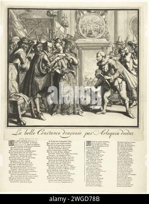 Cartoon on Louis XIV and the Pursuit of the Protestants in France, 1689, 1688 Print Cartoon on Louis XIV and the Pursuit of the Protestants in France, 1689. La Belle Constance (die französischen Protestanten) werden von Ludwig XIV., Jesuiten und Soldaten umworben. In der Gruppe rechts mit König Jacobus II. Und der Königin mit dem armen Kind findet sie auch keine Sicherheit. Unter der Show 2 Strophen mit je 2 Spalten in Niederländisch und Französisch. Druckerei: Genèveprint-Hersteller: Nördliche Niederlande Spublisher: Genève Papier Ätzen / Gravieren / Buchdruck Stockfoto