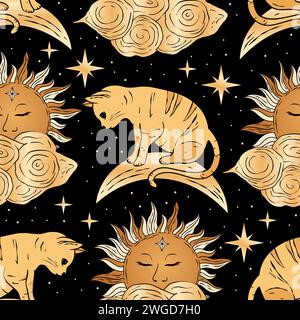 Magische Katze mit Sonne Mond und Stern Himmlischen nahtlosen Vektormuster. Märchen Kätzchen Tier Goldener Hintergrund Astrologie Esoterische Fantasie Kunst Stock Vektor