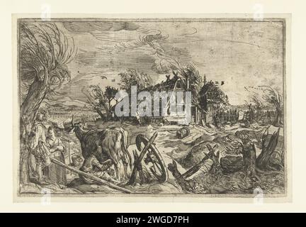 Landschaft mit Bauernhof, 1775 - 1800 Druck Landschaft mit Bauernhof mit Rauchschornstein. Im Vordergrund sprechen ein Mann und eine Frau miteinander, während neben ihnen ein Junge eine Kuh melkt. Niederlande Papierätzlandschaften. Bauernhof oder einsames Haus in der Landschaft Stockfoto