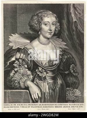 Porträt von Amalia van Solms, Prinzessin von Oranje-Nassau, Coenraet Waumans, nach Anthony Van Dyck, 1633–1673 Porträt von Amalia van Solms, Prinzessin von Oranje-Nassau. Am Rand eine zweiseitige Beschriftung in lateinischer Sprache. Antwerpener Papiergravur Stockfoto