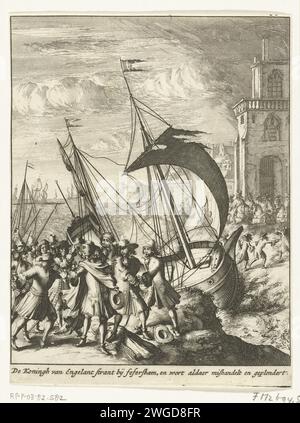 Der flüchtige König Jakobus II. Wird in Faversham verhaftet, 1689, 1689 Drucken der flüchtige englische König Jakobus II. Wird am 20. Dezember 1688 in Faversham erkannt, misshandelt und verhaftet. Nordholländische Papierätzung Flucht des Herrschers vor dem Gegner Faversham Stockfoto