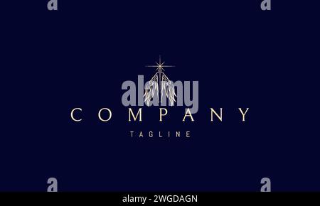 Ein goldenes Vektorlogo mit einem abstrakten Bild eines hoch aufragenden Engels mit Flügeln und einem leuchtenden Stern. Stock Vektor