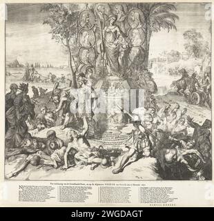 Allegory on the Peace of Rijswijk, 1697, 1697 Print Allegory on Peace of Rijswijk, 20. September 1697. Eine Kolonne mit Frieden, den Waffen Spaniens, Frankreichs und der Republik und den Medaillons der acht alliierten Fürsten. Rechts im Vordergrund jagen die niederländische Jungfrau, Gerechtigkeit und Vorsicht Krieg, Neid und Gier. Auf der linken Seite vertreibt Stärke die Präsenz, im Vordergrund ist Malerei in Malerei. Mit dem Buch Credit geht Mercury in Richtung zweier weiblicher Personifizierungen des VOC und WIC unter den Arm. Im Hintergrund links Neptunus und rechts Stockfoto