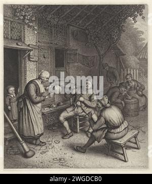 Bauern auf der Terrasse eines gasthauses, Jonas Suyderhoef, nach Adriaen van Ostade, ca. 1623 - 1686 drucken es gibt zwei Bauern vor einem gasthof, jeder mit einem Rohr in der Hand. Eine Frau gießt ein Glas voll. Ein Kind in der Tür. Rechts ein stehender Mann und ein Mann und eine Frau im Fass. Haarlem Papierstich inn, Kaffeehaus, Gasthaus, etc. Pfeife  Tabak. Kind. Sträucher: Besen Stockfoto
