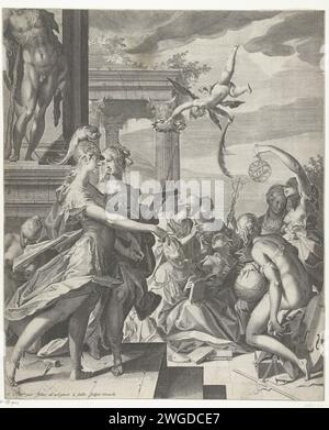 Minerva begleitet die Malerei zu ihrem Platz in den Wissenschaften, Aegidius Sadeler (II), nach Hans von Aachen, 1594–1597 Druck nimmt Minerva die Malerei (Pictura) zur Hand und weist sie auf die sieben freien Künste hin. Ein Putto fliegt über den sieben freien Künsten mit Palmenzweig und Lorbeerkranz. Münchner Papierstich (Geschichte von) Minerva (Pallas, Athena). „Pictura“, symbolische Darstellungen, Allegorien und Embleme  Malerei; „Pittura“ (Ripa). Die liberalen Künste, „Artes Liberales“ Stockfoto