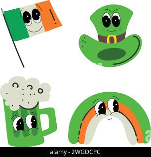 Trendige Retro-Zeichentrickfiguren Regenbogen, Hut, Bier, Flagge. Grußkarte „Happy Saint Patricks Day“. Grooviger Stil, Vintage, Ästhetik der 70er 60er Jahre. Vektoril Stock Vektor