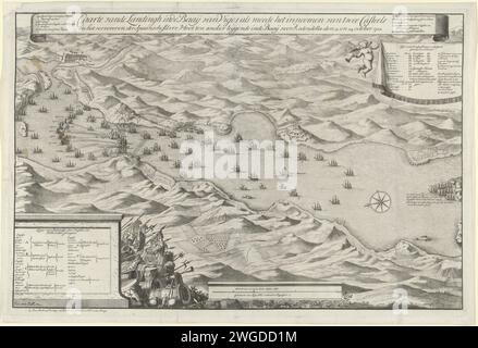 Seeschlacht in der Bucht von Vigo und die Eroberung der spanischen Silberflotte, 1702, 1702 Drucken Karte der Seeschlacht in der Bucht von Vigo, wo die französische und spanische Flotte am 23. Oktober 1702 von der englischen und niederländischen Flotte besiegt wird. Oben rechts ein Vorhang mit einer Liste der eroberten und verbrannten französischen Schiffe; unten links die Schlachtreihenfolge der englischen und niederländischen Schiffe. Druckerei: Nordhollandspublisher: Die Haager Papiergravur / Gravur von Karten verschiedener Länder oder Regionen. Kampf (+ Marinestreitkräfte) Vigo Stockfoto