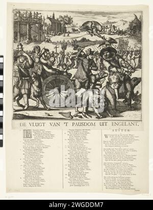 Die Flucht des Papsttums aus England, 1689, 1689 die Flucht des Papsttums aus England, 1689. Cartoon über Jacobus II., Ludwig XIV. Und den Dauphin. Der englische König Jacobus II. Flieht mit seiner Frau Maria von Modena und dem armen Kind, das von einem Hund auf einem Auto gezogen und von Pater Peters (Edward Petre) gefahren wird. Rechts auf einem Bären Lodewijk XIV. (Harlekijn), der das Schwert gegen den niederländischen Löwen ziehen will. Links der Dauphin auf einem Wolf. Unter der Show 2 Strophen in 3 Spalten mit einer Aussage der Zahlen 1-17 in Niederländisch. Das neue Recht unterschrieben mit: Veremos. Nördliche Niederlande Papierätzung/Letterpress Stockfoto