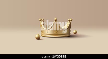 Realistisches 3D-Rendern Crown Icon im trendigen Cartoon-Stil mit goldenen Perlen oder Kugeln, Volumenkomposition und Pastellfarben Stock Vektor