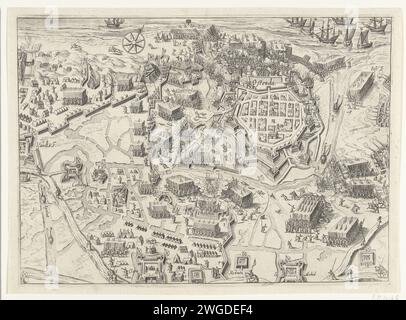 Belagerung von Ostend, 1601-1604, 1619 Druckschrift Belagerung von Ostend. Plan der Stadt, links die Forts Albertus und Isabella der belagernden spanischen Armee unter Erzherzog Albertus, oben ein Sturm der Stadt. Ohne die Legende. Nordniederländische Papierstich Victory, Position war Oostende Stockfoto