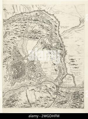 Entspannung von Arras, belagert von den Spaniern (mittlere Reihe, Platte 3), 1654, 1655 Druckausgabe Relief der Stadt Arras (Atrecht), belagert von den Spaniern, 23-25. August 1654. Arras wurde von der französischen Armee unter Marschall Turenne der Belagerung durch die Spanier unter Louis de Condé und Archthertog Leopold Willem beraubt. Drittes Blatt in der mittleren Reihe. Teil der Karte der Belagerung mit der Karte der Stadt. Teil eines nicht montierten Ganzen, bestehend aus einer Titelseite und einer großen Aufführung auf 15 Platten (die Halbplatte unten rechts fehlt). Frankreich Papierätzung / Gravur die Belagerung mit o Stockfoto