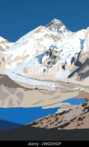 Mount Everest von der nepalesischen Seite aus gesehen vom Kala Patthar Gipfel, Vektorillustration, Mount Everest 8.848 m, Khumbu Tal, Sagarmatha Nationalpark, Nepal Stock Vektor