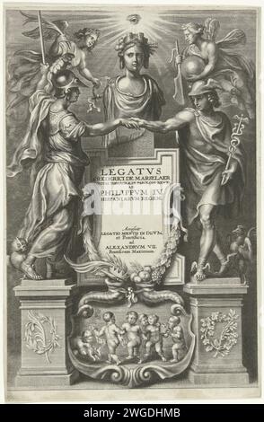 Minerva und Quecksilber erreichen einander die Hand, Cornelis Galle (II), nach Peter Paul Rubens, 1666 Druck Minerva und Quecksilber sind auf Sockeln und erreichen einander die rechte Hand. Zwischen ihnen eine Steinplatte mit dem Titel des Buches. Auf dem Teller ist die Büste einer Frau mit einer Stadtkrone, die eine gute Regierungsführung symbolisiert. Unter dem Teller eine Kartusche mit Putti spielen. Antwerpener Papier, das gute Regierung graviert. (Geschichte) Quecksilber (Hermes). (Geschichte) Minerva (Pallas, Athena) Stockfoto