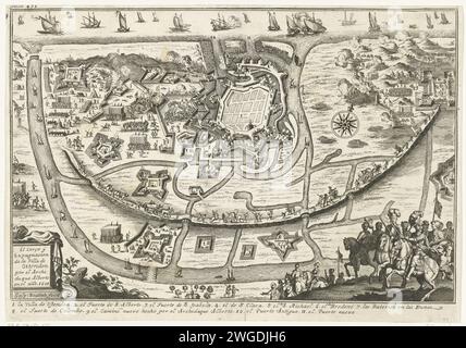 Belagerung von Ostende, 1601, 1650–1695 Druck Belagerung von Ostende durch die spanische Armee unter Albrecht und später unter Spinola von 1601–1604. Plan der Stadt mit dem umliegenden Land mit allen Verteidigungs- und Armeelagern der Belagerer. Unten links eine Kartusche mit Titel und Unterschrift. Auf der rechten Seite im Vordergrund spanische Fahrer. Im Titel de Legenda 1-11 auf Spanisch. Niederländer Papier ätzend Sieg, Position war Oostende Stockfoto