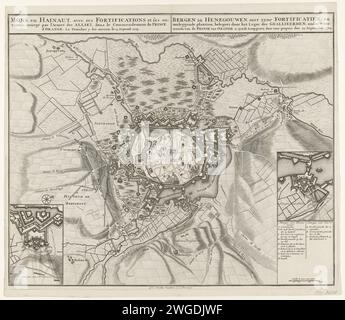 Belagerung von Mons, 1709, 1709 - 1720 Drucken Karte der Belagerung von Mons (Bergen) im Hennegau durch die Alliierten unter dem Prinzen von Orange vom 25. September 1709. Mit zwei Wetten mit detaillierten Leistungen verschiedener Angriffe. Unten rechts ein Rahmen mit den Legenden A-H und A-C, mit einer Schüssel unten: Echelle de Trois Cent Toises. Amsterdam Papierätzung / Gravur Belagerung, Position Krieg. Stadtpläne Bergen (Belgien) Stockfoto