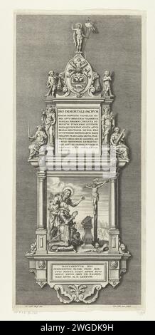 Denkmal Ter Ere van Johann Baptista von Tassis, 1588, 1643 – 1645 Print Denkmal zu Ehren von Johann Baptista von Tassis, getötet bei der Belagerung von Bonn am 26. April und in Köln am 12. Mai 1588 begraben. Plaplette mit einem Tassis-Gemälde mit Johannes dem Täufer knisternd vor dem Kruzifix. Oben eine Tafel mit lateinischer Inschrift und mit allegorischen Tugendfiguren verziert. Südholländische Papiergravur von Grabsteinen, Grabstätten und anderen Grabformen und Grabmarkierungen. Bild, Kölner Malerei Stockfoto