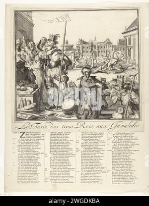 Cartoon auf dem Flug von Jacobus II. Nach Franrkijk, 1689 (Kopie), 1689 Print Cartoon auf dem Flug von Jacobus II. Nach Frankreich und seine Ankunft dort am Epiphany (6. Januar) 1689. König Ludwig XI. Umarmt Maria van Modena, die mit dem armen Kind angekommen ist. Vor rechts König Jakobus II. In Kleidung mit Jacobsschelpen verziert. In der Mitte der Jesuitenvater Peters (Edward Petre) mit einer päpstlichen Krone unter seinem Mantel. Im Hintergrund fällt der Dauphin von einem von Pferden gezogenen Schlitten. Unter der Abbildung ist ein Vers in 4 Spalten mit einer Aussage der Zahlen 1-11 in Niederländisch gezeigt. Anonyme Kopie auf den Originaldruck b Stockfoto